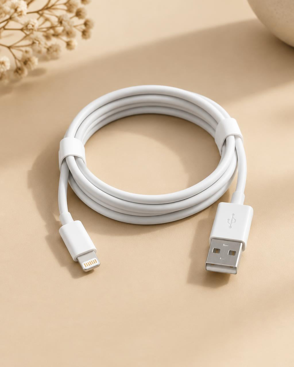 Câble Lightning blanc enroulé sur fond beige