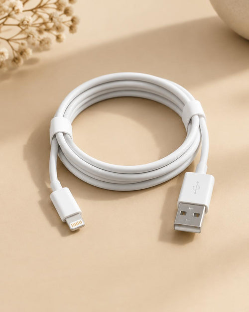 Câble Lightning blanc enroulé sur fond beige